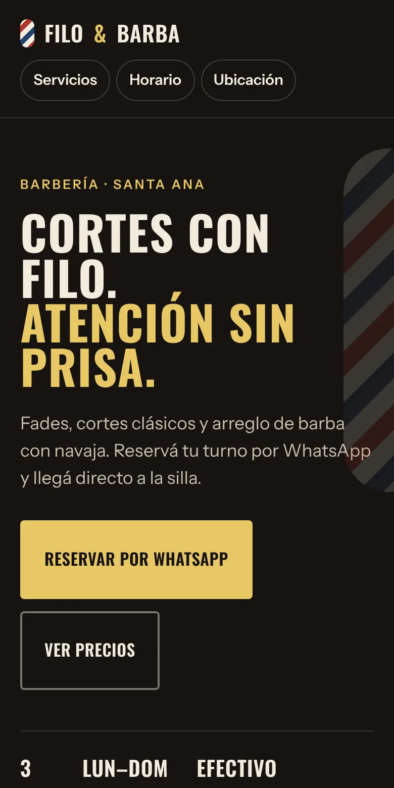 Vista en celular de la demo de una barbería: titular, botón de reservar por WhatsApp y datos del negocio.