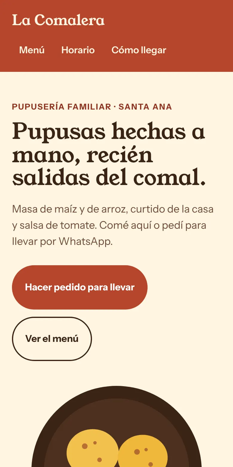 Vista en celular de la demo de una pupusería con titular, botón de pedido para llevar e ilustración de pupusas.